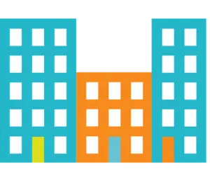A blue, orange, and yellow building icon.