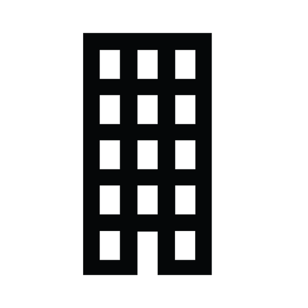 A black icon of a building with squares on it.