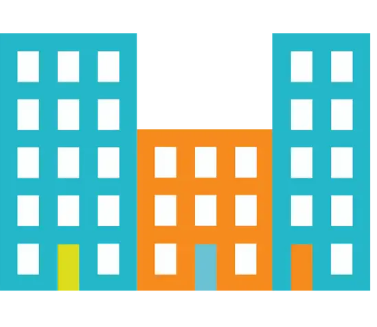 A blue, orange, and yellow building icon.