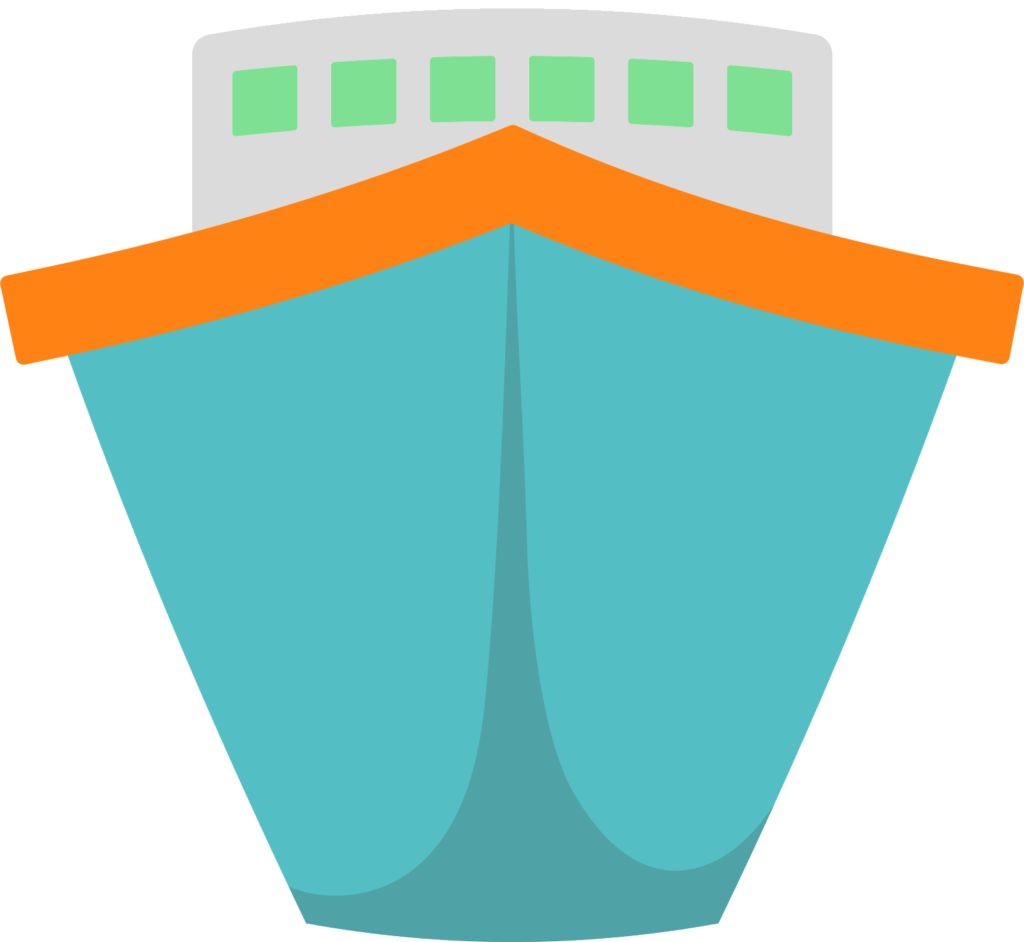 A blue and orange ship icon on a black background.