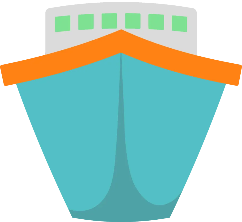 A blue and orange ship icon on a black background.