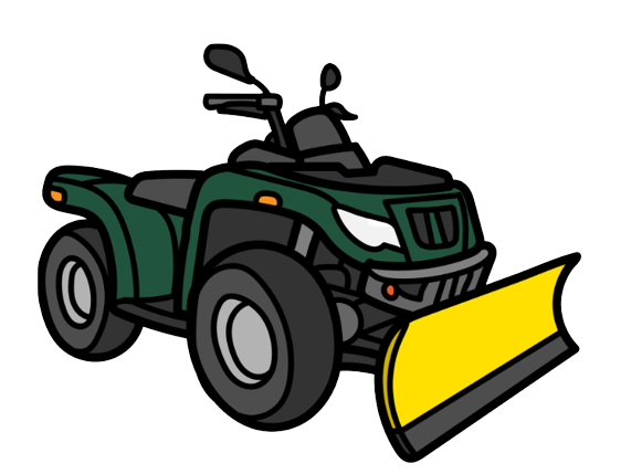 A green atv with a snow plow on it.