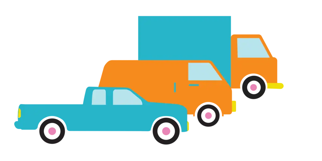 A blue and orange truck is parked next to a blue truck.